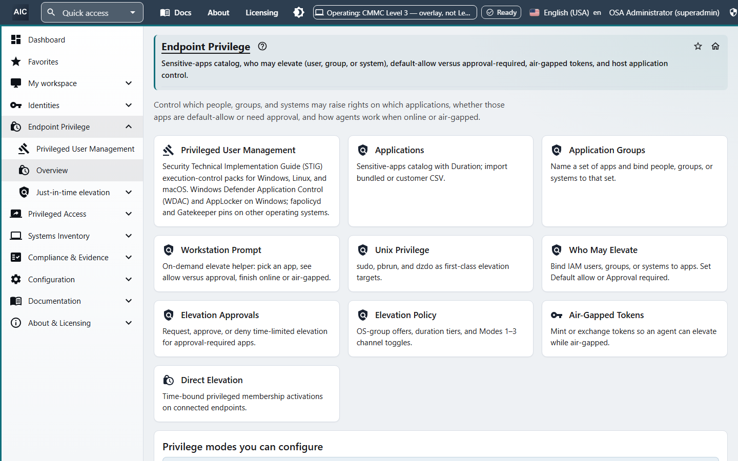 Endpoint Privilege overview with tiles for Privileged User Management, Applications, Application Groups, Workstation Prompt, Unix Privilege, Who May Elevate, Elevation Approvals, Elevation Policy, Air-Gapped Tokens, and Direct Elevation.