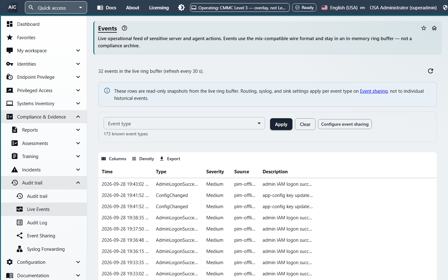 Live Events feed listing recent security events with time, type, severity, source, and description, and a filter by event type.