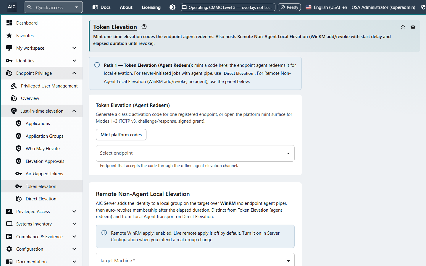 Token Elevation page for minting one-time elevation codes that an endpoint agent redeems, and for remote non-agent local elevation with start delay and duration.