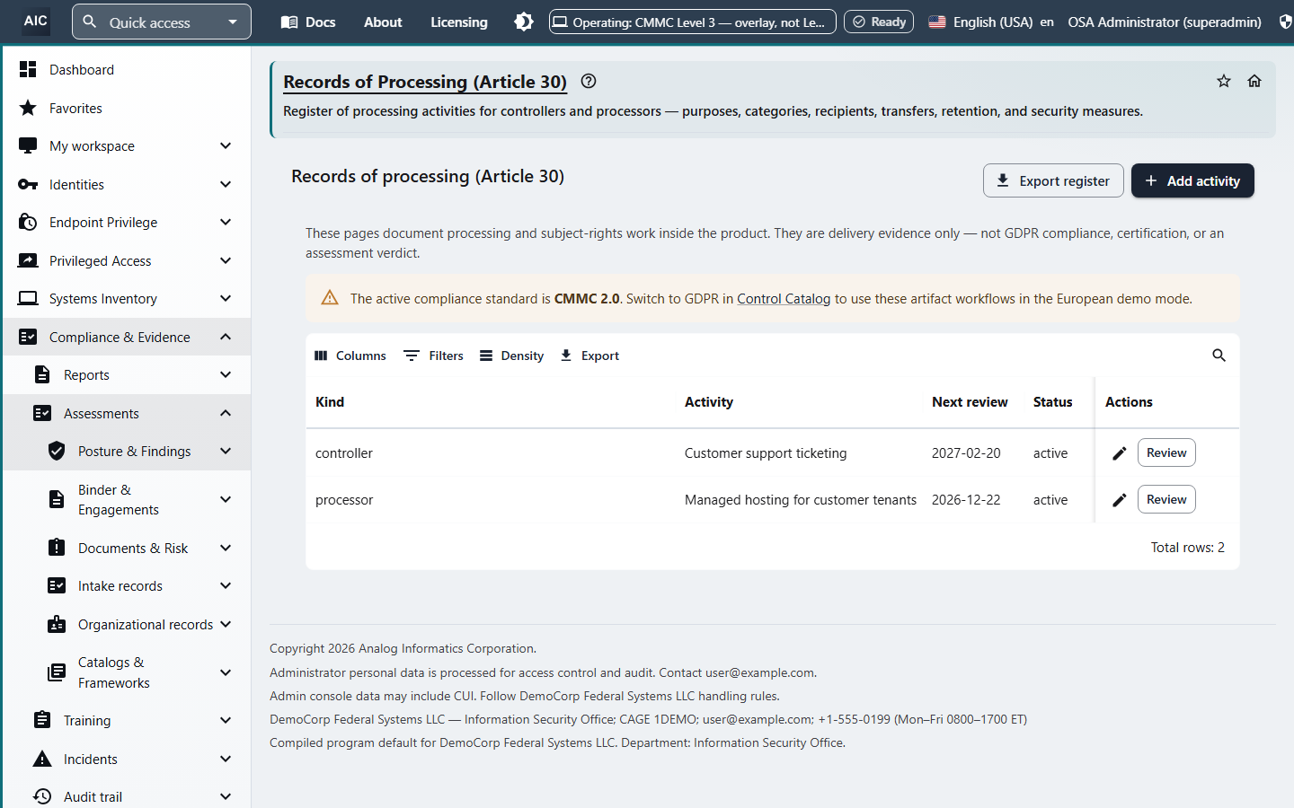 GDPR Article 30 Records of Processing page listing controller and processor activities with next review dates and an Export register button.