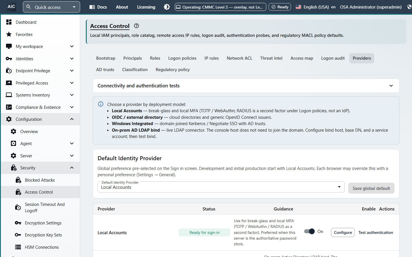 Identity provider list with local accounts, OpenID Connect directories, Windows Integrated Kerberos sign-on, and on-premises Active Directory LDAP bind, with status and enable controls.
