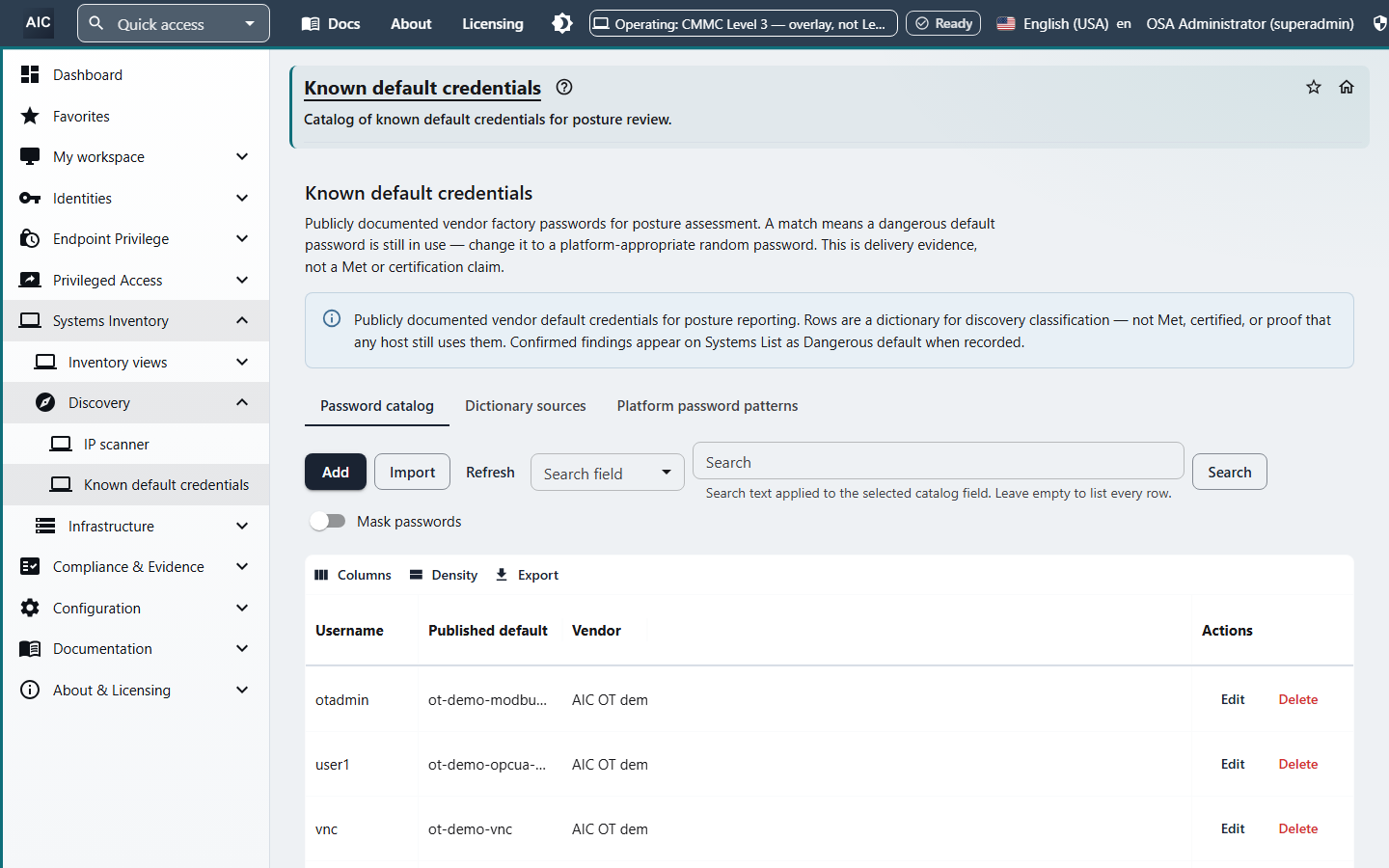 Known default credentials catalog listing publicly documented vendor factory accounts for operational technology devices, with a Mask passwords switch.