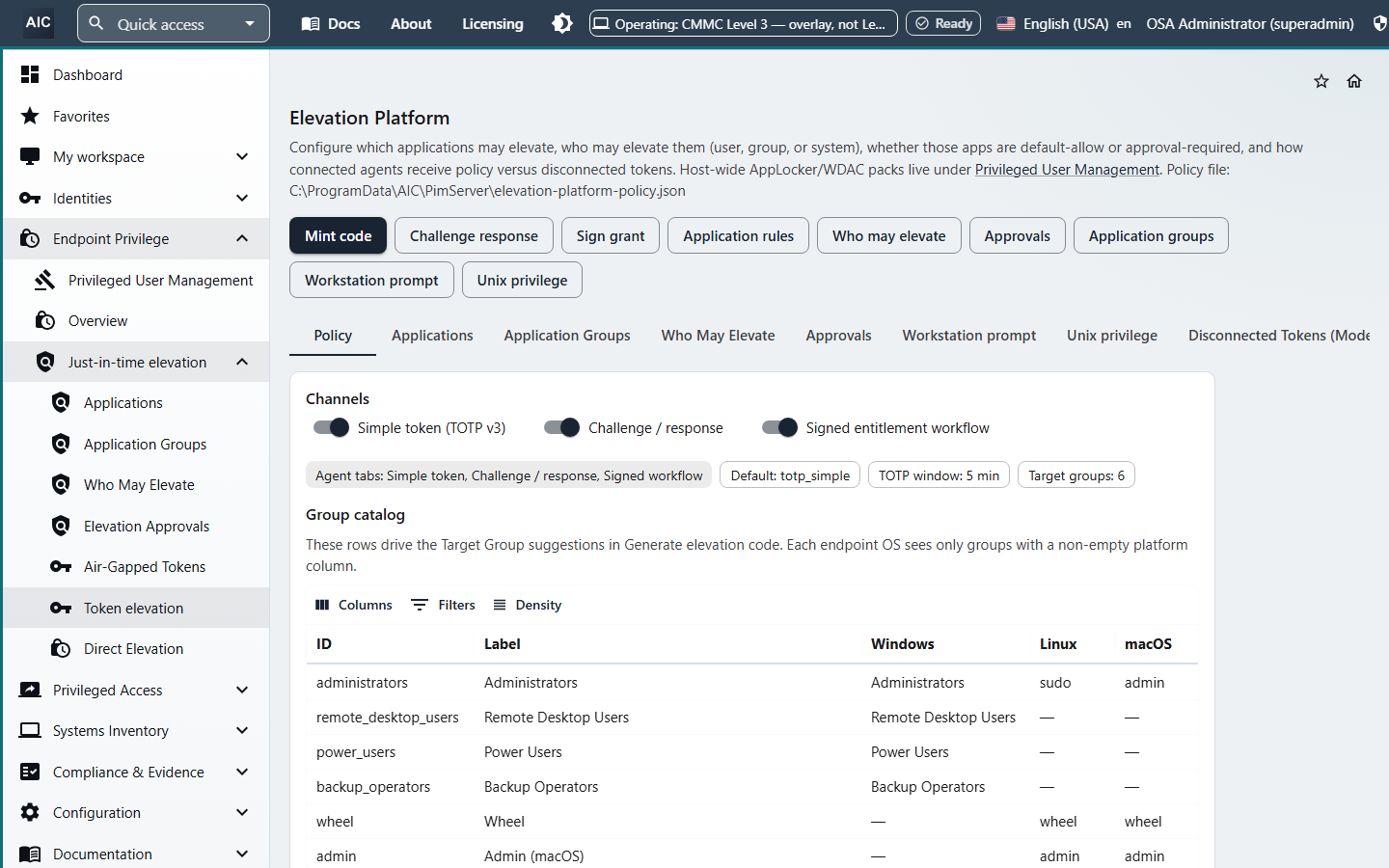 Elevation Platform policy with channels for one-time token, challenge and response, and signed entitlement workflow, and a group catalog mapping Windows, Linux, and macOS administrator groups.