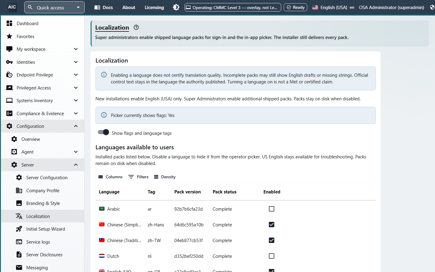Localization settings listing installed language packs, including Arabic, Chinese (Simplified), Chinese (Traditional), and Dutch, with pack version, status, and an enabled switch.