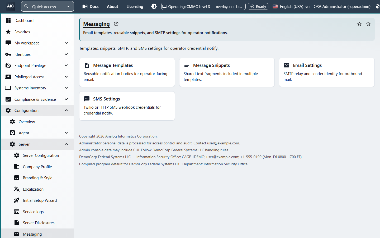 Messaging page with message templates, reusable snippets, email settings, and SMS settings.