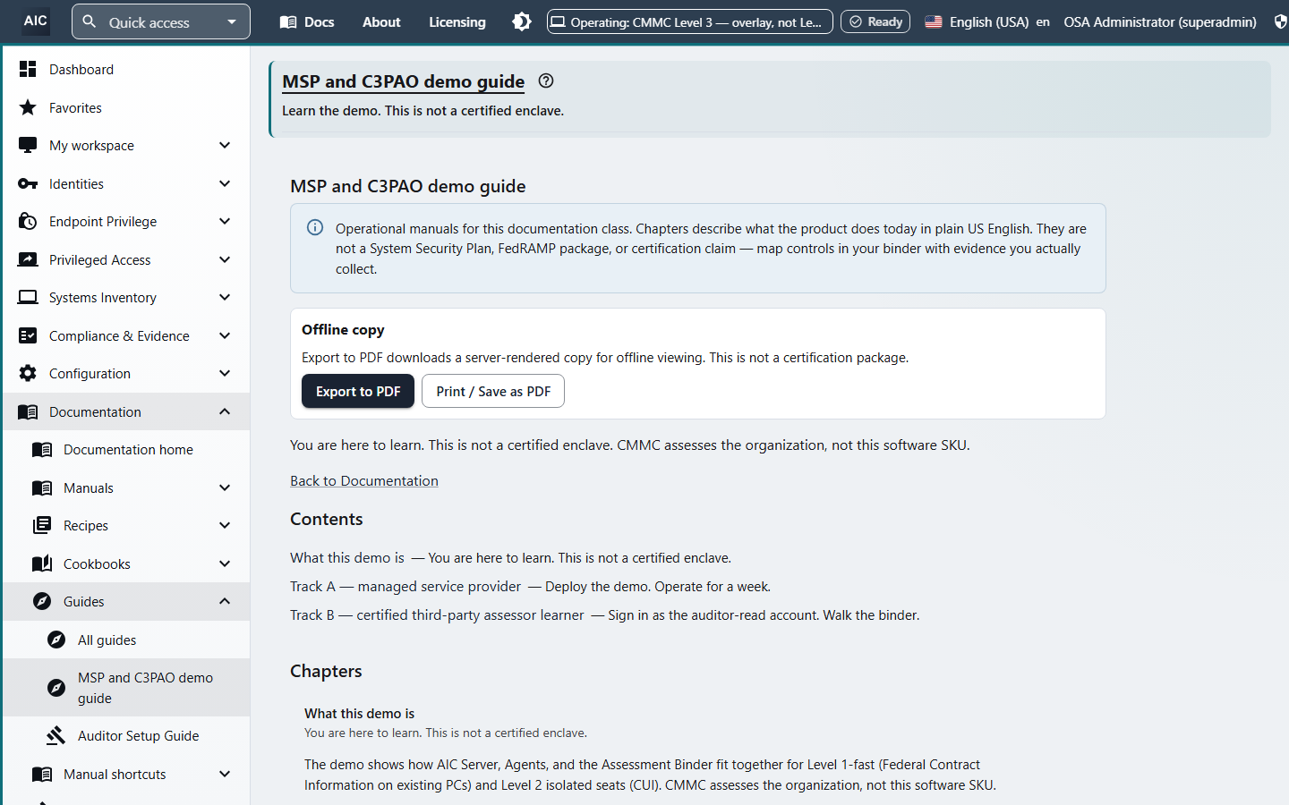MSP and C3PAO demo guide with Export to PDF, contents for a managed service provider track and an assessor track, and chapters.