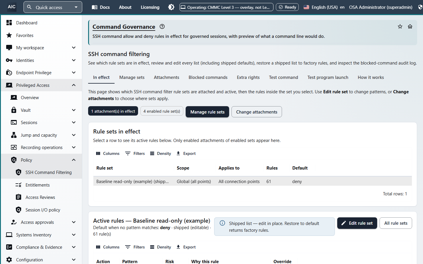 Command Governance page showing SSH command filtering, the rule set in effect with 61 rules and a default deny, and tabs for blocked commands, test command, and extra rights.