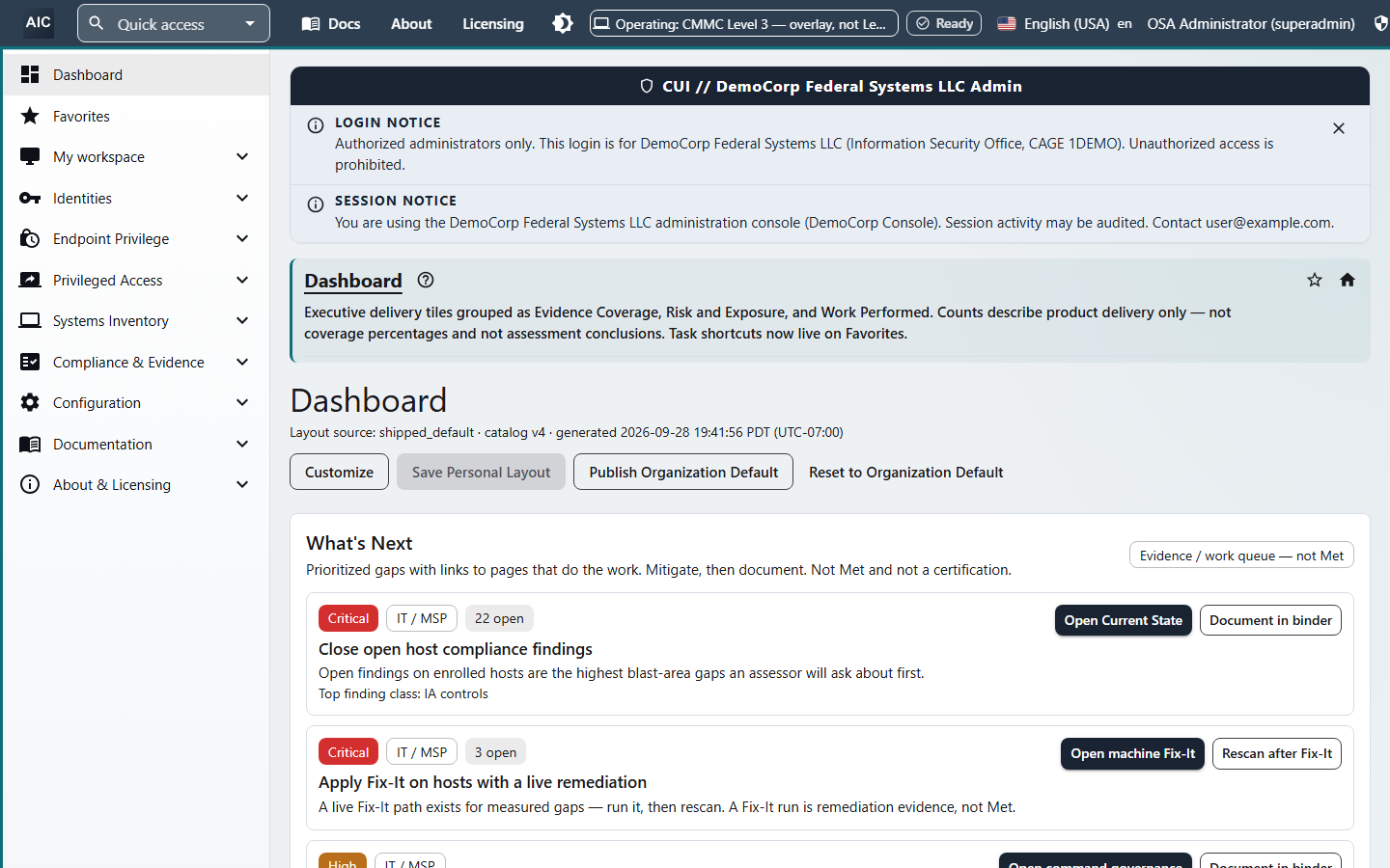 Console with a CUI classification banner across the top, a login notice for authorized administrators, and a session notice that activity may be audited.