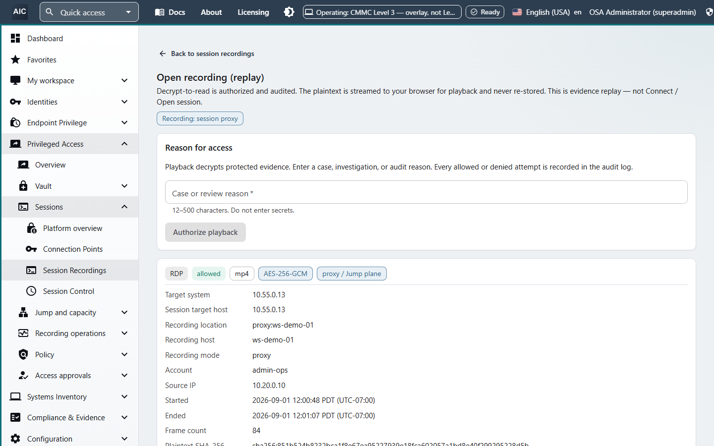 Recorded RDP session detail showing MP4 format, AES-256-GCM encryption, the recording host, the account, and a required reason field before playback.