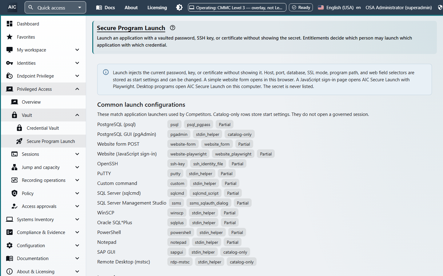 Secure Program Launch page listing launch configurations for PostgreSQL, SQL Server, SSH, PuTTY, WinSCP, PowerShell, SAP GUI, Oracle SQL*Plus, Remote Desktop, and websites.