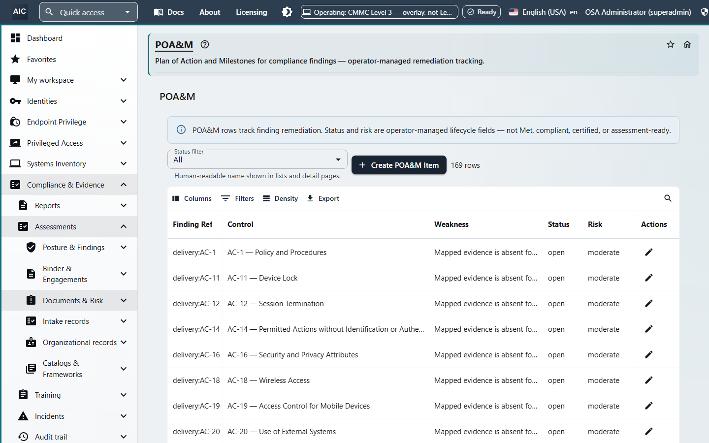 Plan of Action and Milestones list of findings with control, weakness, status, and risk, and a Create POA&M Item button.