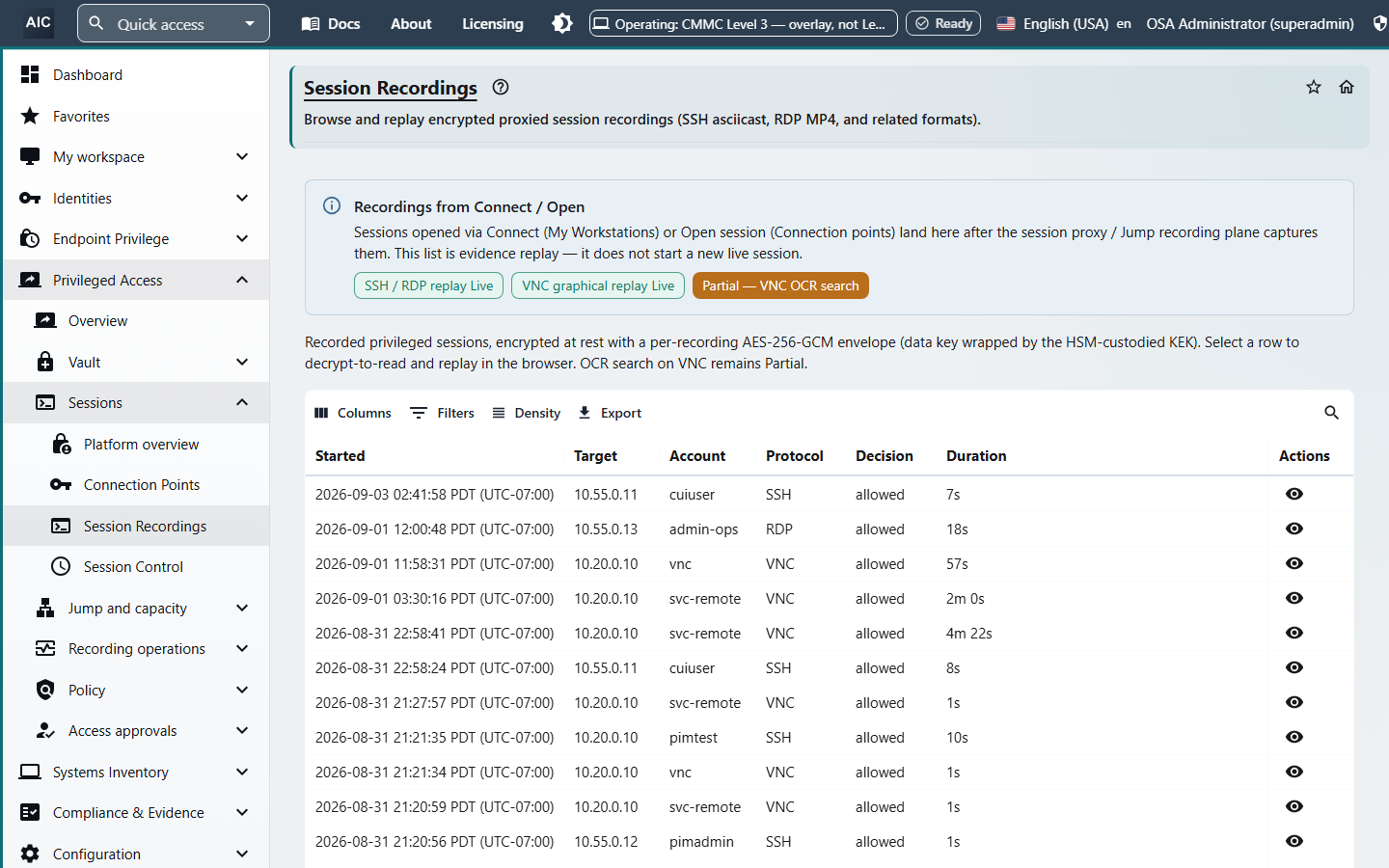 Session Recordings list with SSH, RDP, and VNC sessions, each showing start time, target, account, protocol, decision, and duration, with a button to open the recording.
