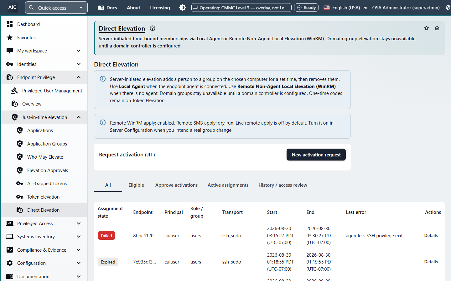 Direct Elevation page for time-bound group membership through the local agent or remote WinRM, with a request activation button and a list of assignments showing state, endpoint, principal, group, transport, start, and end.