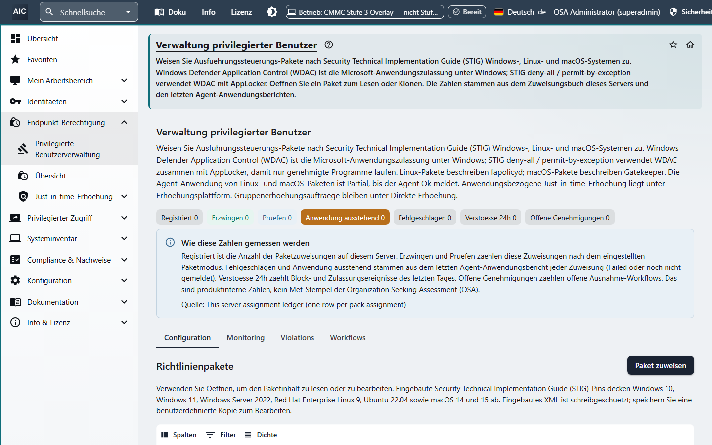 Privileged User Management page in German, with counts and policy pack descriptions translated.