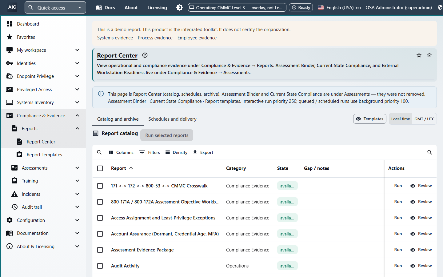 Report Center catalog with crosswalk reports, assessment objective workbooks, access assignment, account assurance, assessment evidence package, and audit activity reports.