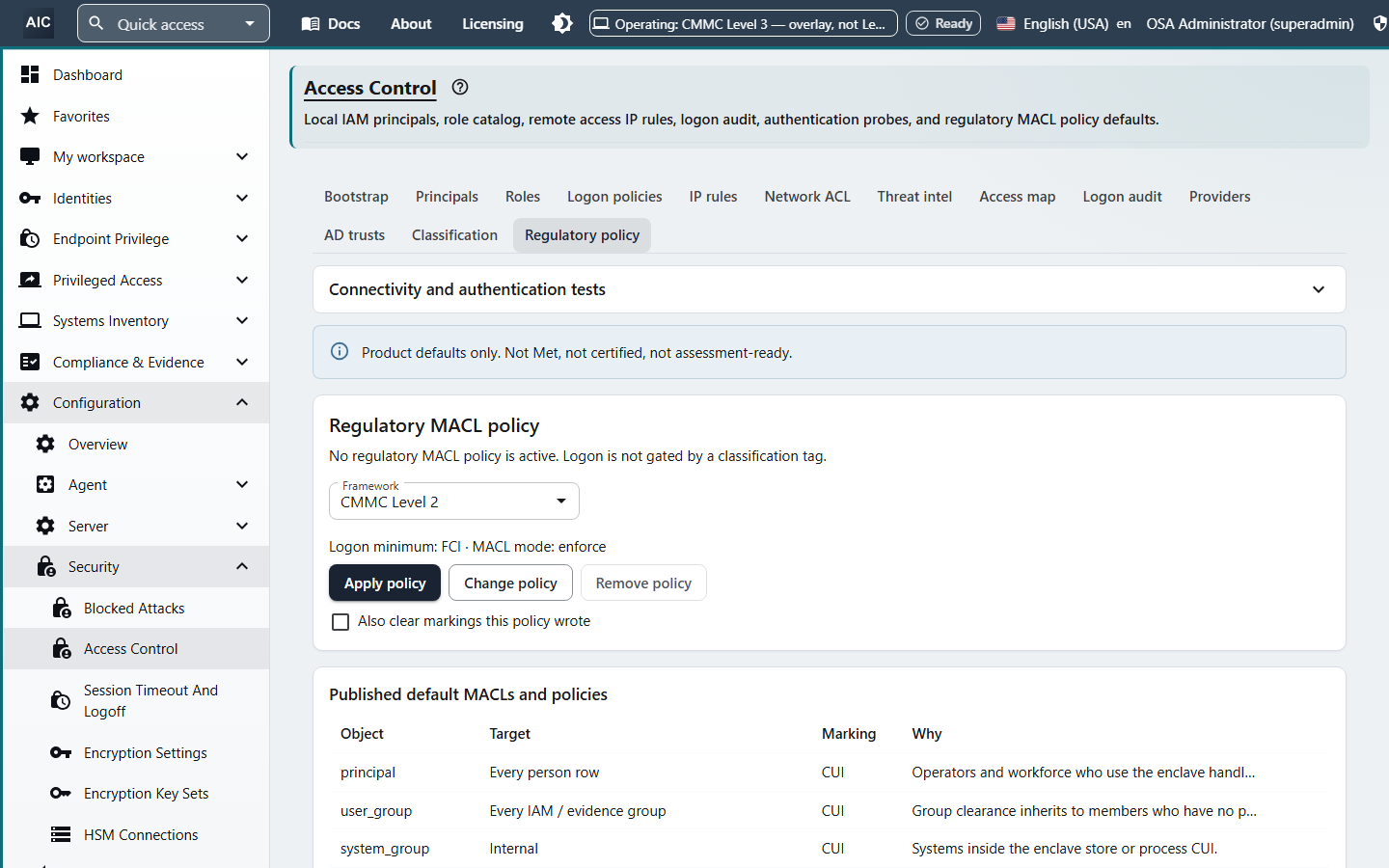 Regulatory mandatory access control policy for CMMC Level 2 with a logon minimum of FCI and enforce mode, and a table of published default markings for people, groups, and systems.