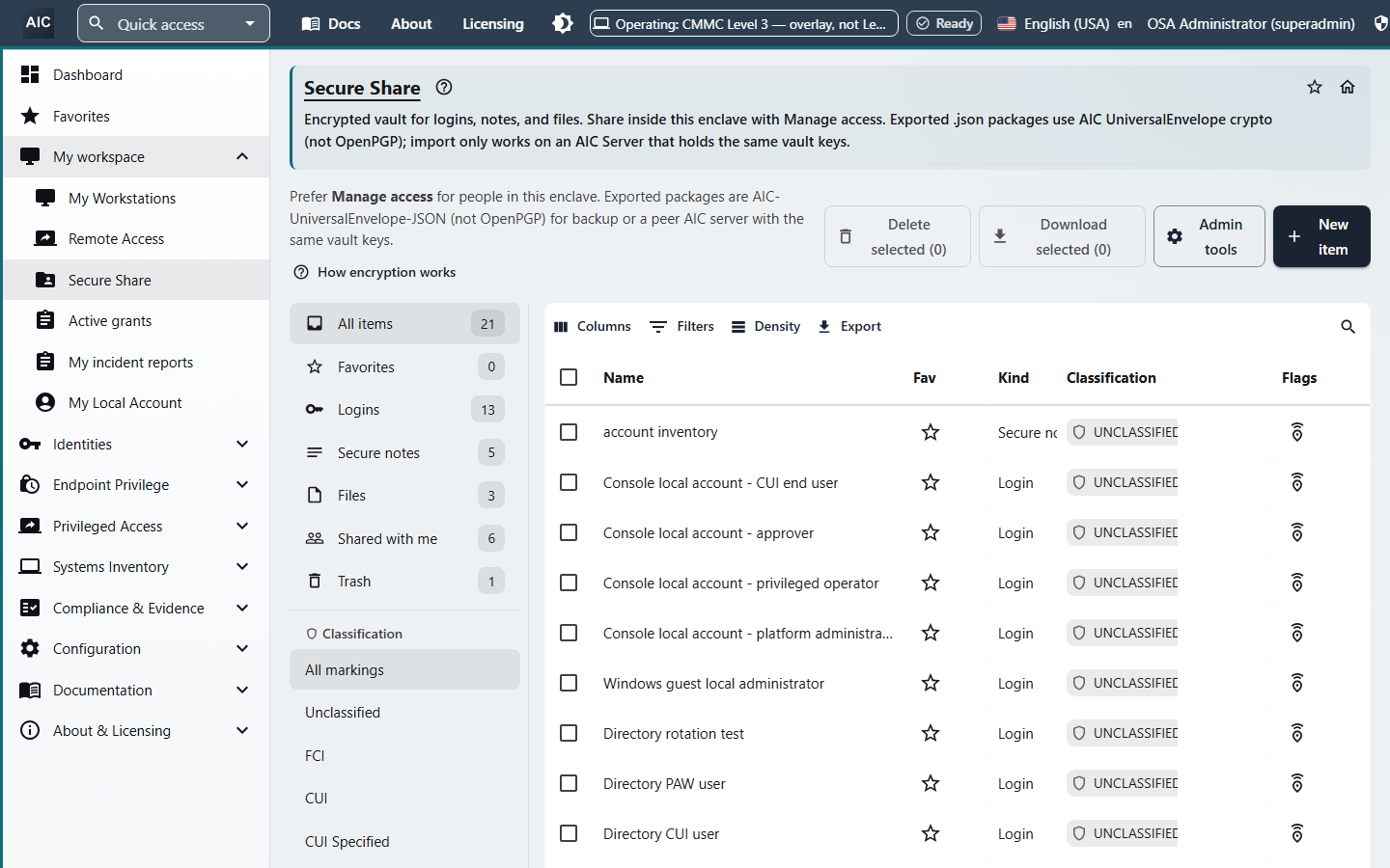 Secure Share encrypted vault with logins, secure notes, and files, classification markings for FCI and CUI, and sharing controls.