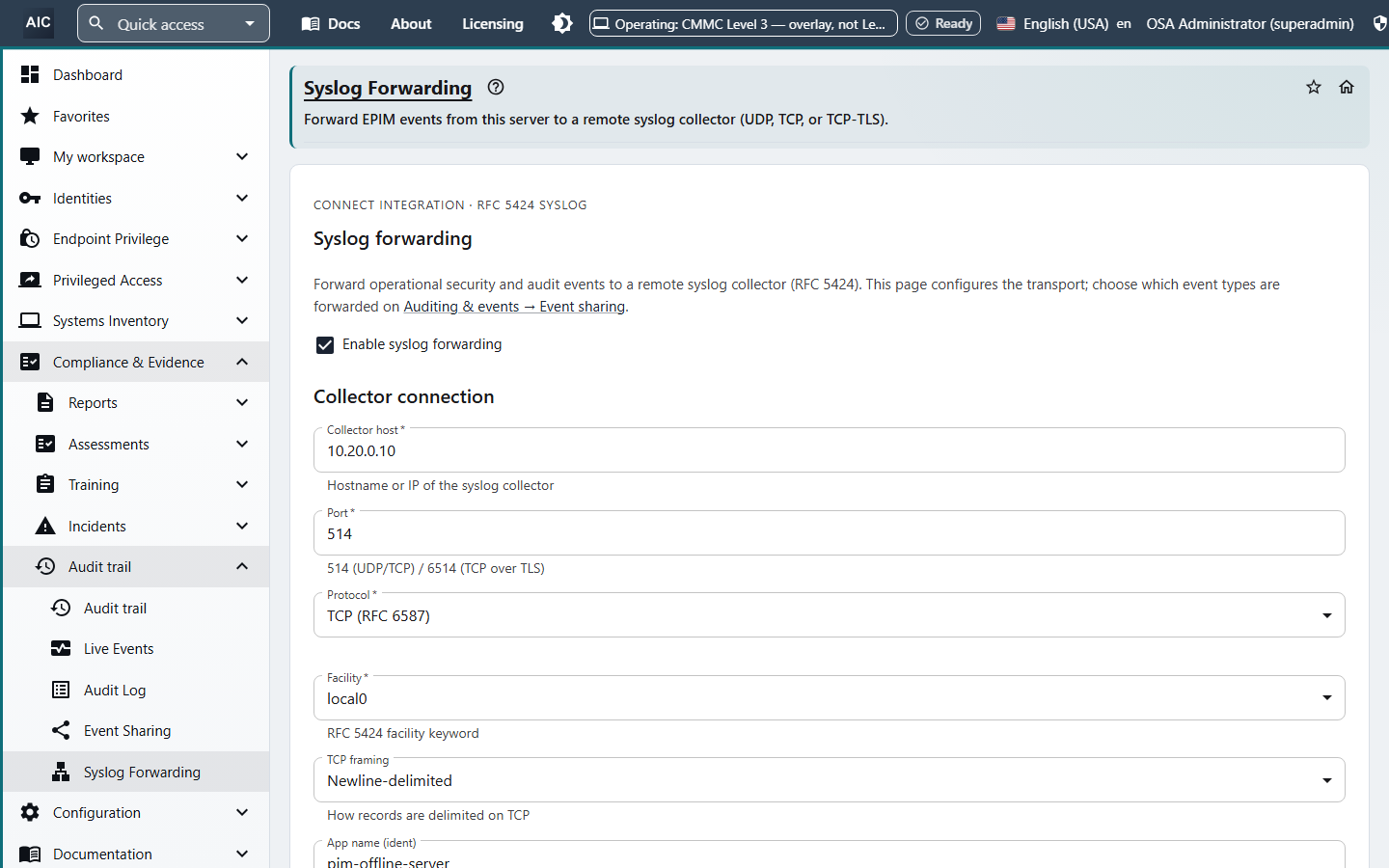 Syslog Forwarding settings for RFC 5424 forwarding to a collector over UDP, TCP, or TLS, with host, port, protocol, facility, and framing.