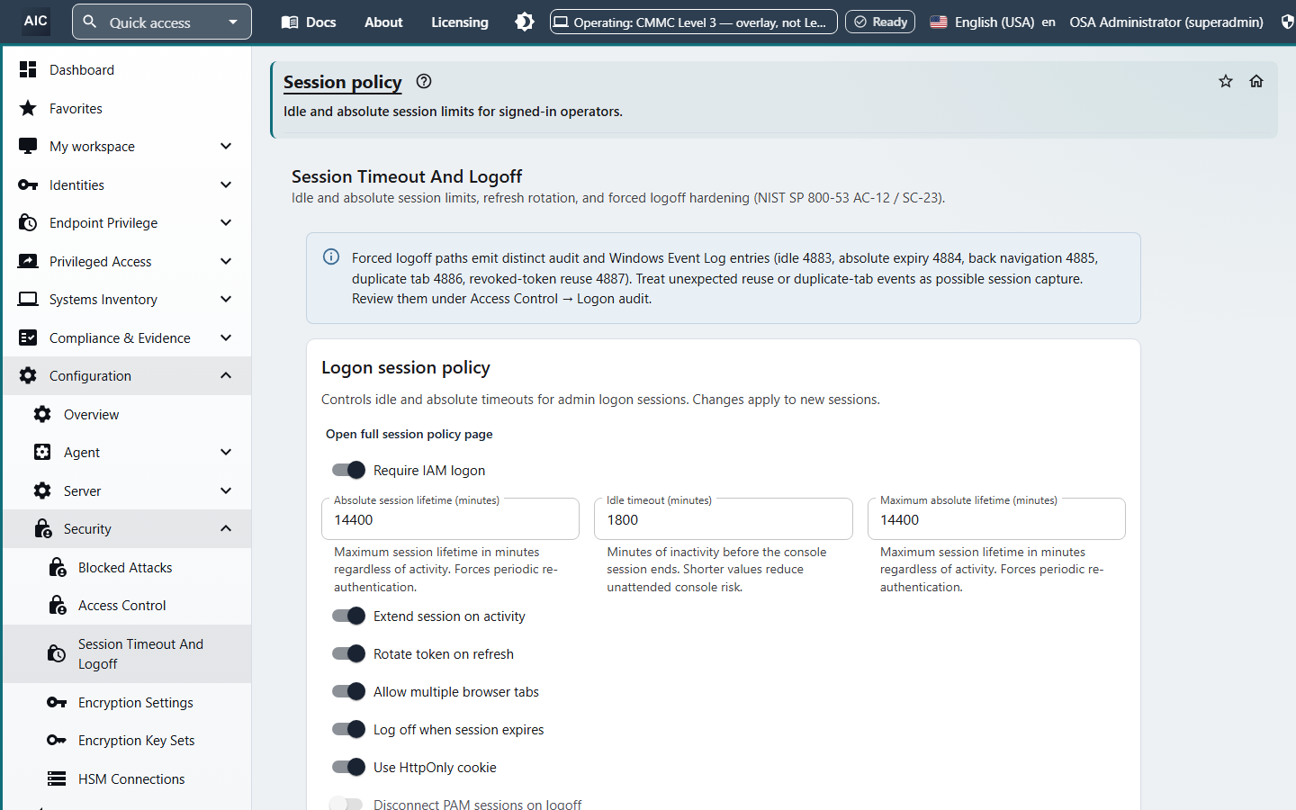 Session Timeout And Logoff settings with absolute lifetime, idle timeout, token rotation on refresh, HttpOnly cookies, and forced logoff on expiry, mapped to NIST SP 800-53 AC-12 and SC-23.