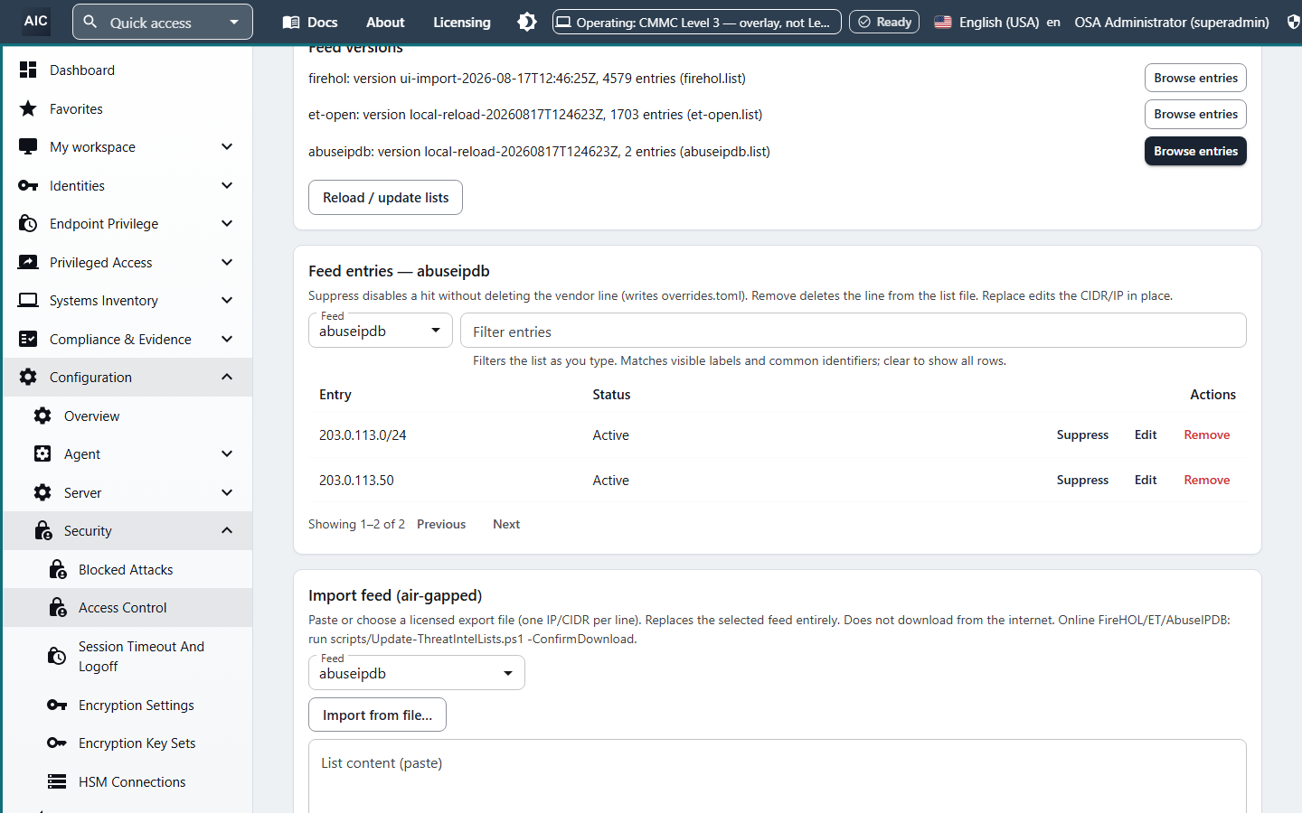 Threat intelligence feeds from FireHOL, ET Open, and AbuseIPDB with version and entry counts, a feed entry browser with suppress, edit, and remove actions, and air-gapped feed import.