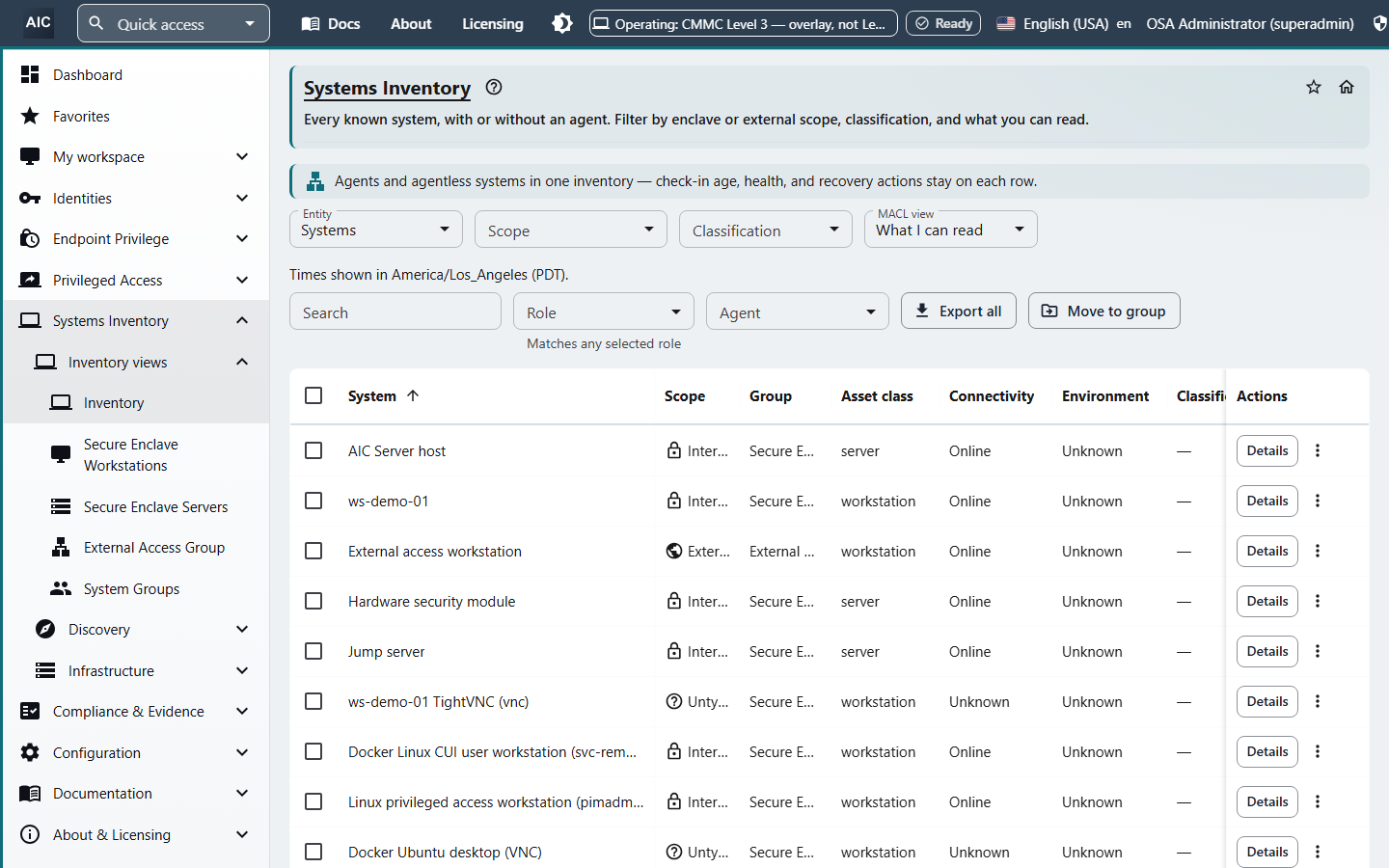 Systems Inventory list of servers and workstations with scope, group, asset class, connectivity, and environment, plus Details actions.