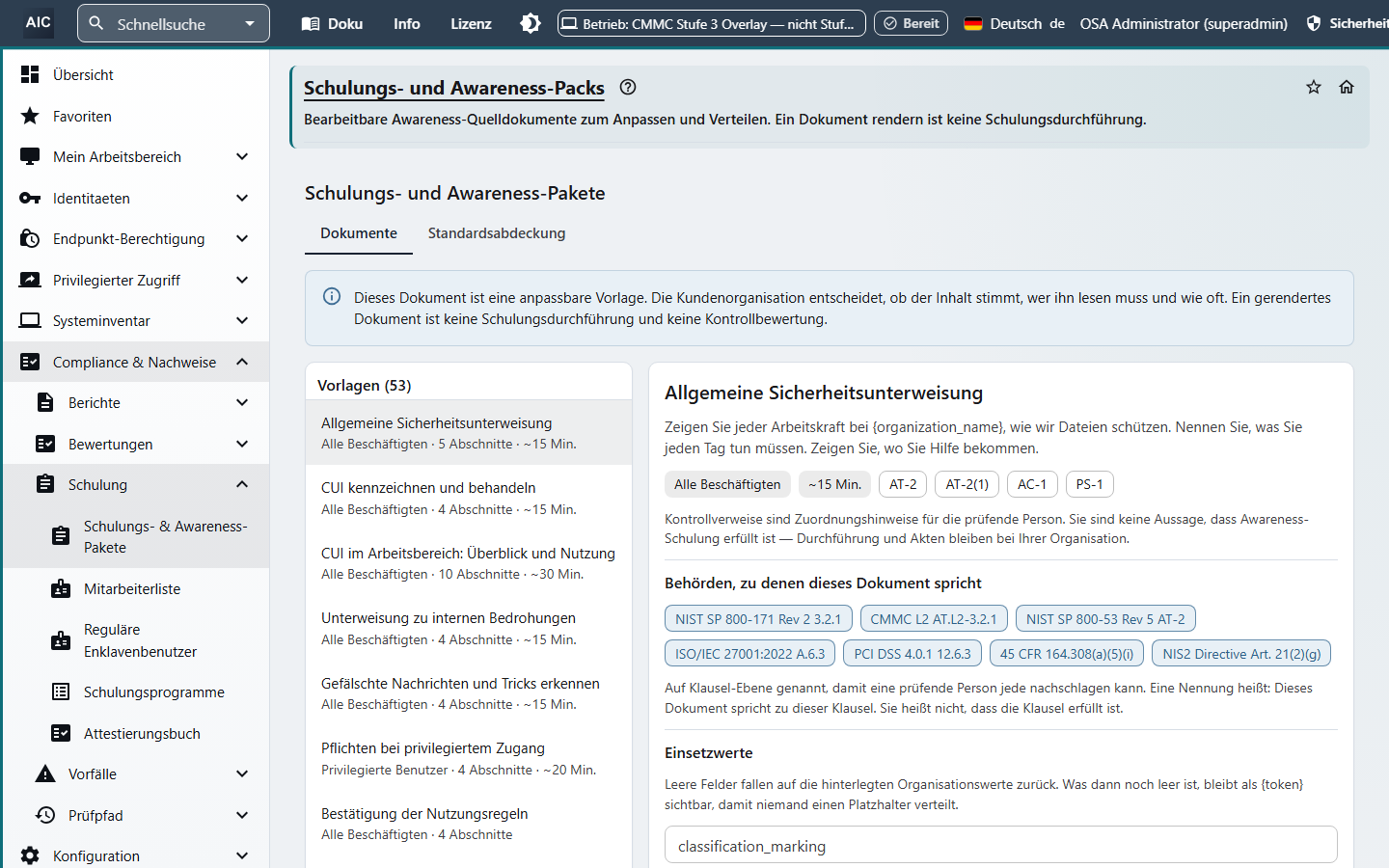 Training and Awareness Packs page in German, with the template list and document authorities translated.