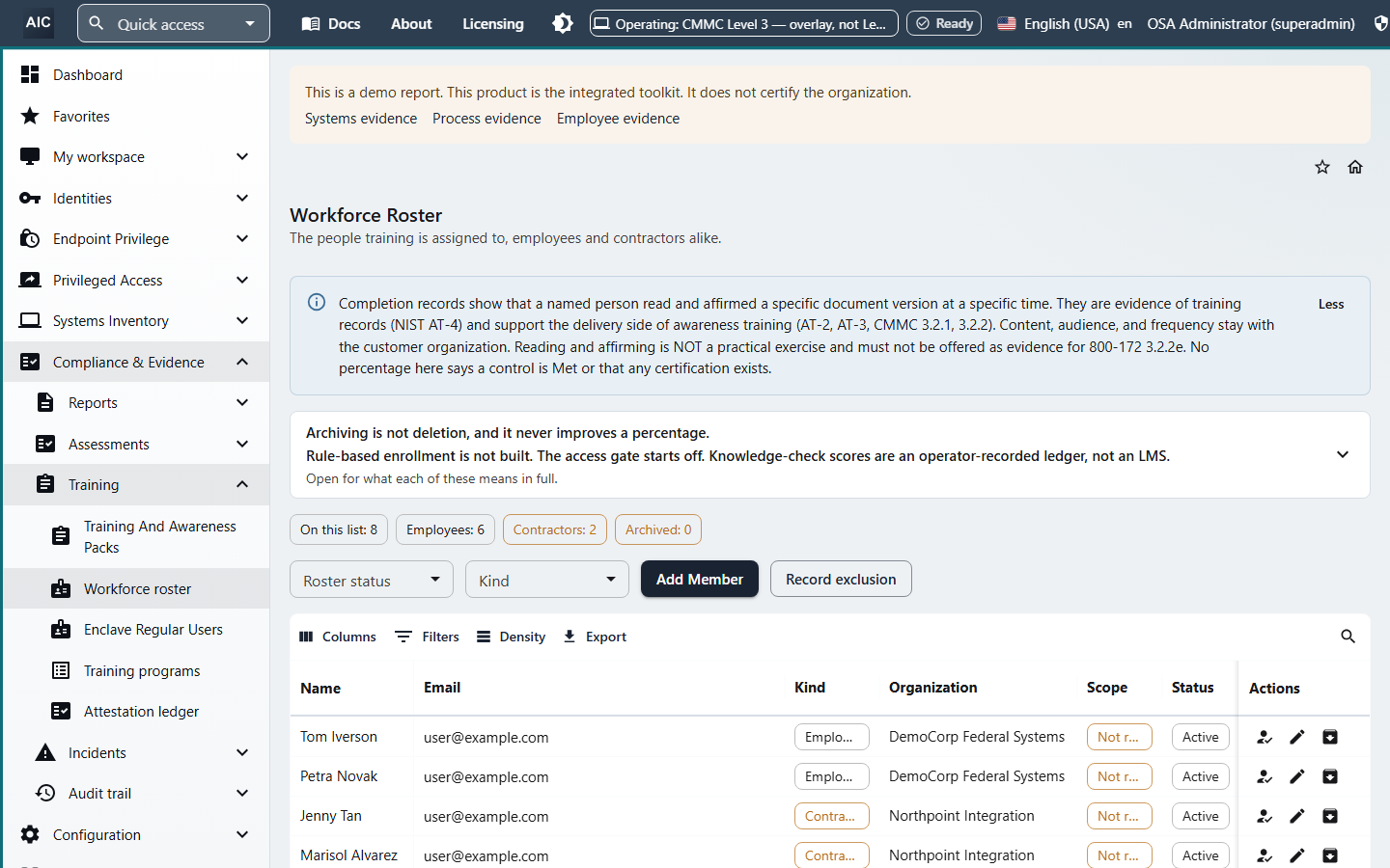 Workforce Roster listing employees and contractors with kind, organization, scope, and status, and Add Member and Record exclusion buttons.
