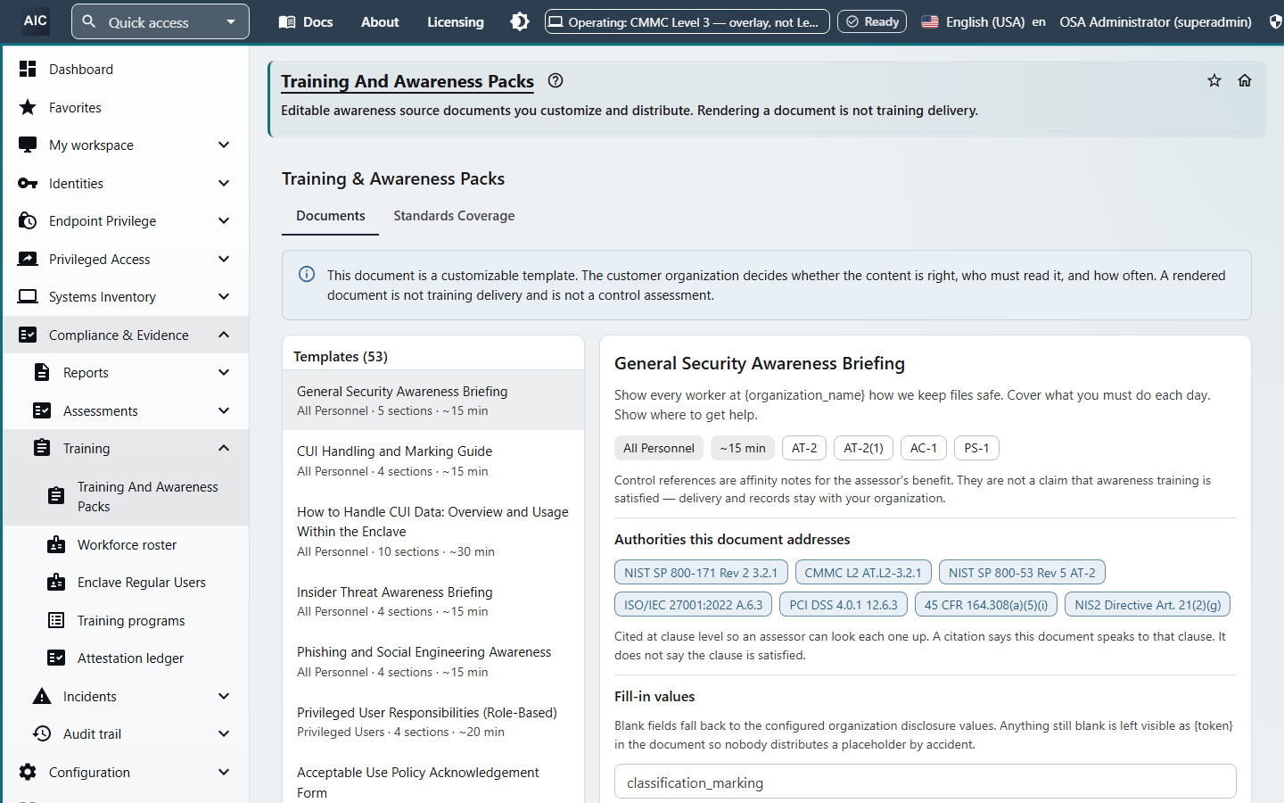 Training and Awareness Packs page with 53 templates, including General Security Awareness Briefing, CUI Handling and Marking, Insider Threat Awareness, and Phishing, each mapped to NIST, CMMC, ISO/IEC 27001, PCI DSS, HIPAA, and NIS2 clauses.