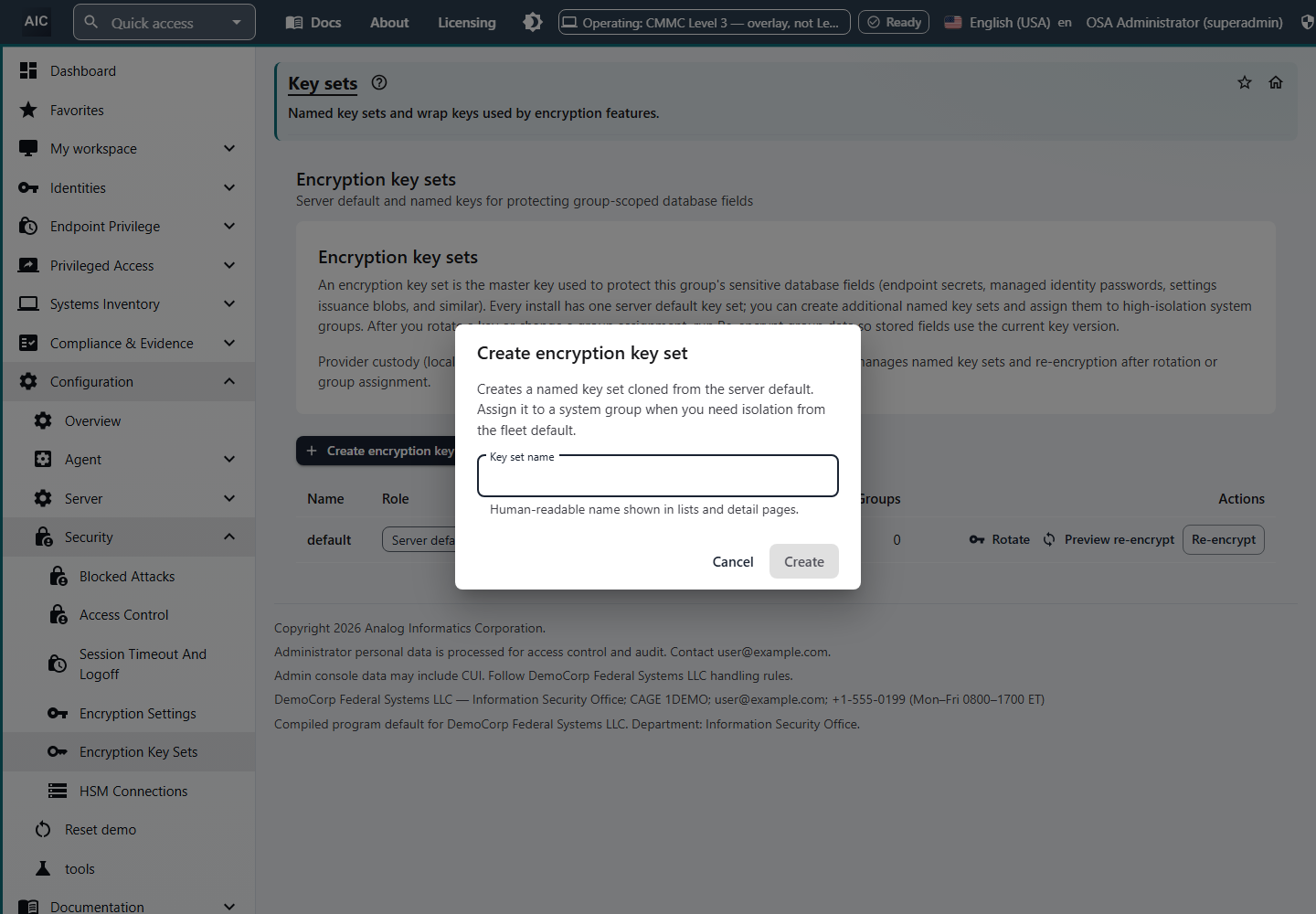 Create encryption key set dialog with a key set name field, explaining that a named key set can be assigned to a system group for isolation from the fleet default.