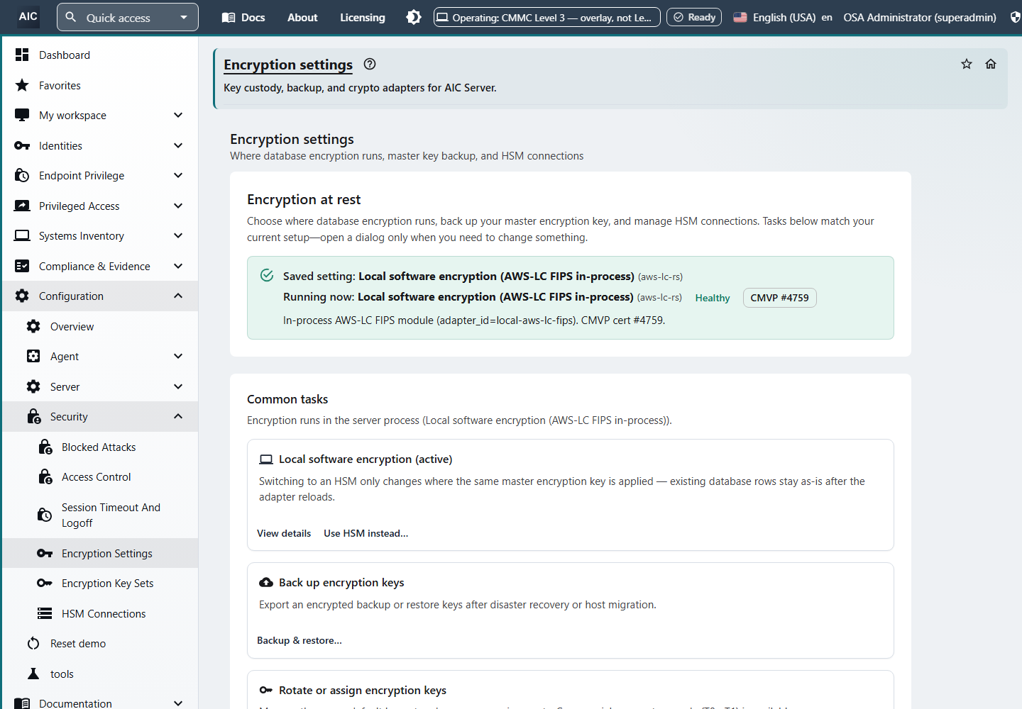 Encryption settings showing encryption at rest running in the local AWS-LC FIPS in-process module, marked Healthy, and common tasks to use an HSM instead, back up encryption keys, and rotate or assign encryption keys.
