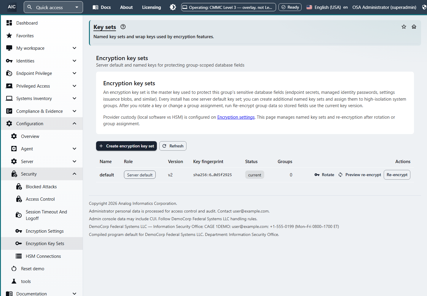 Encryption key sets page with the server default key set, its version, key fingerprint, and status, and Rotate, Preview re-encrypt, and Re-encrypt actions.