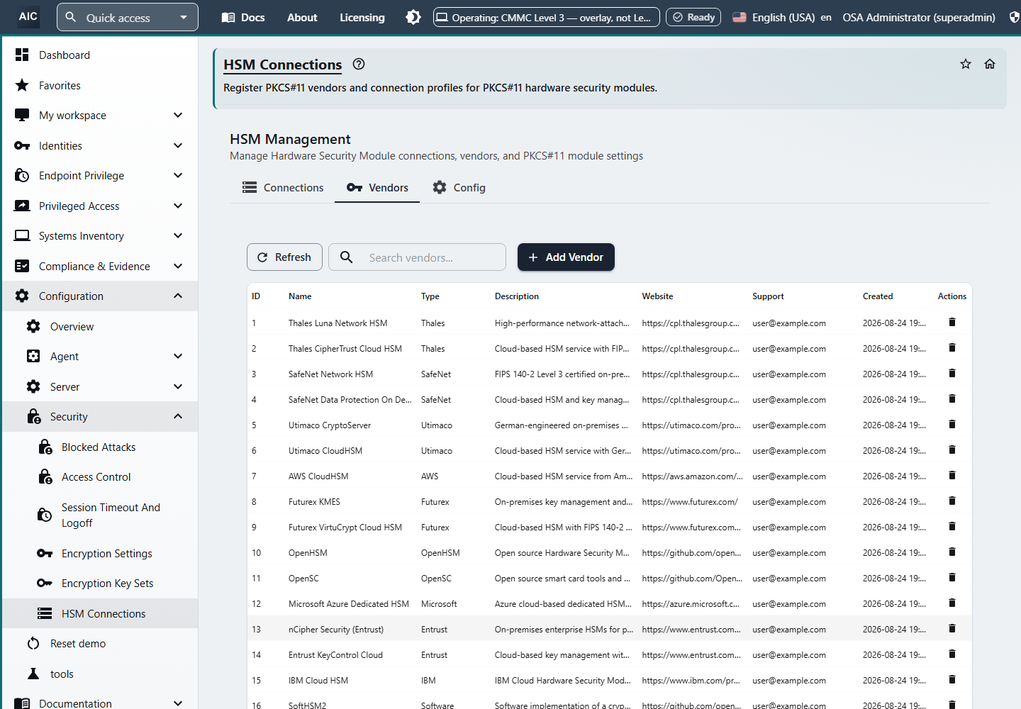 HSM Connections Vendors tab listing built-in PKCS#11 vendor profiles, including Thales Luna Network HSM, Thales CipherTrust Cloud HSM, SafeNet, Utimaco, AWS CloudHSM, Futurex, Microsoft Azure Dedicated HSM, Entrust, and IBM Cloud HSM.