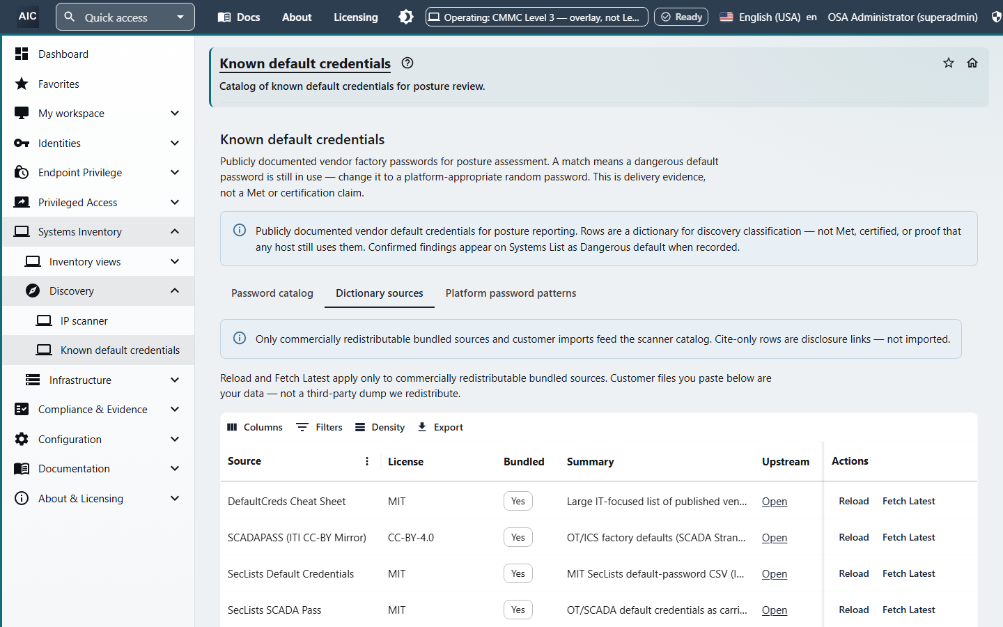 Known default credentials Dictionary sources tab listing bundled sources such as DefaultCreds Cheat Sheet, SCADAPASS, and SecLists, with license, bundled status, summary, and Reload and Fetch Latest actions.