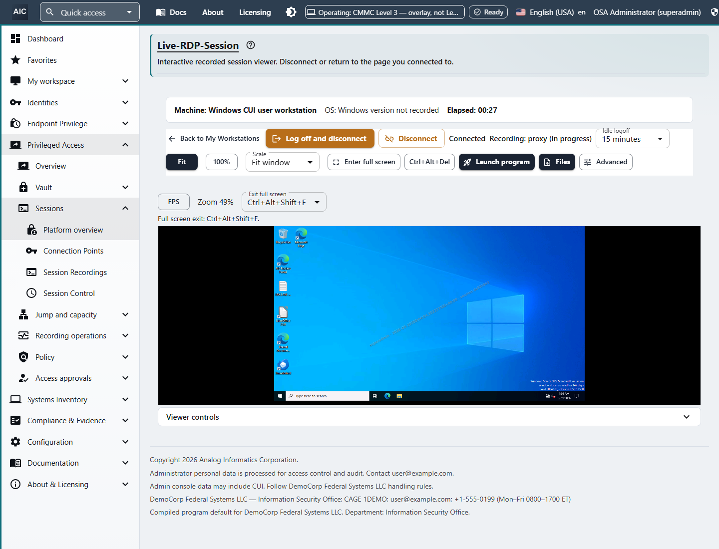Live RDP session to a Windows workstation in the console, showing the machine name, Connected status, recording in progress, viewer controls, and the Windows desktop with a session watermark.