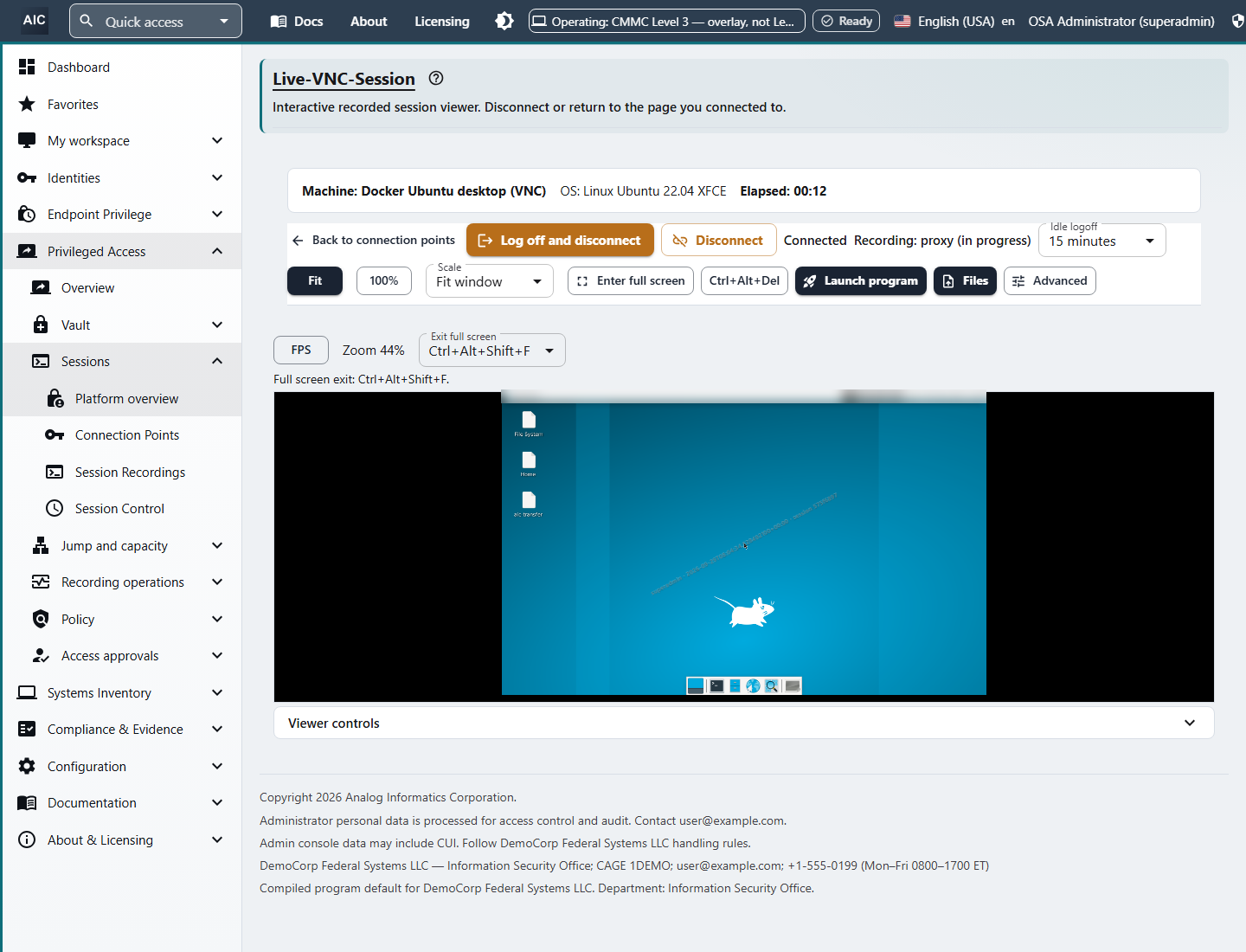 Live VNC session to an Ubuntu Linux desktop in the console, showing the machine name, Connected status, recording in progress, and the remote desktop.