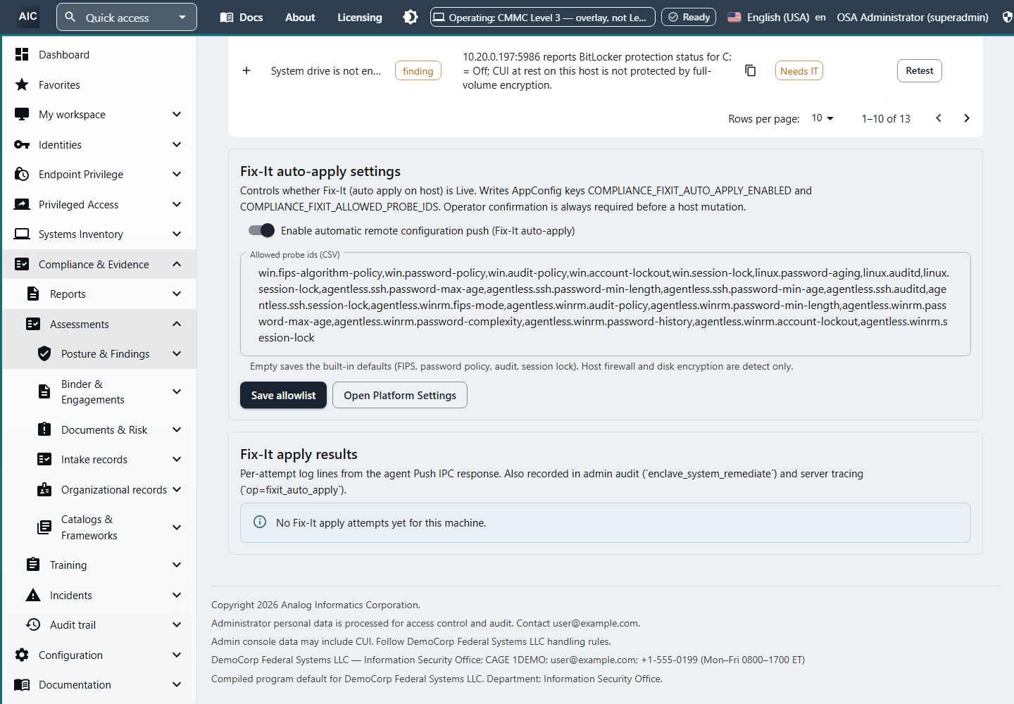 Machine compliance report with Fix-It auto-apply settings listing the repairable checks, such as Windows password policy, audit policy, account lockout, session lock, and Linux password aging and auditd, and a Fix-It apply results log.
