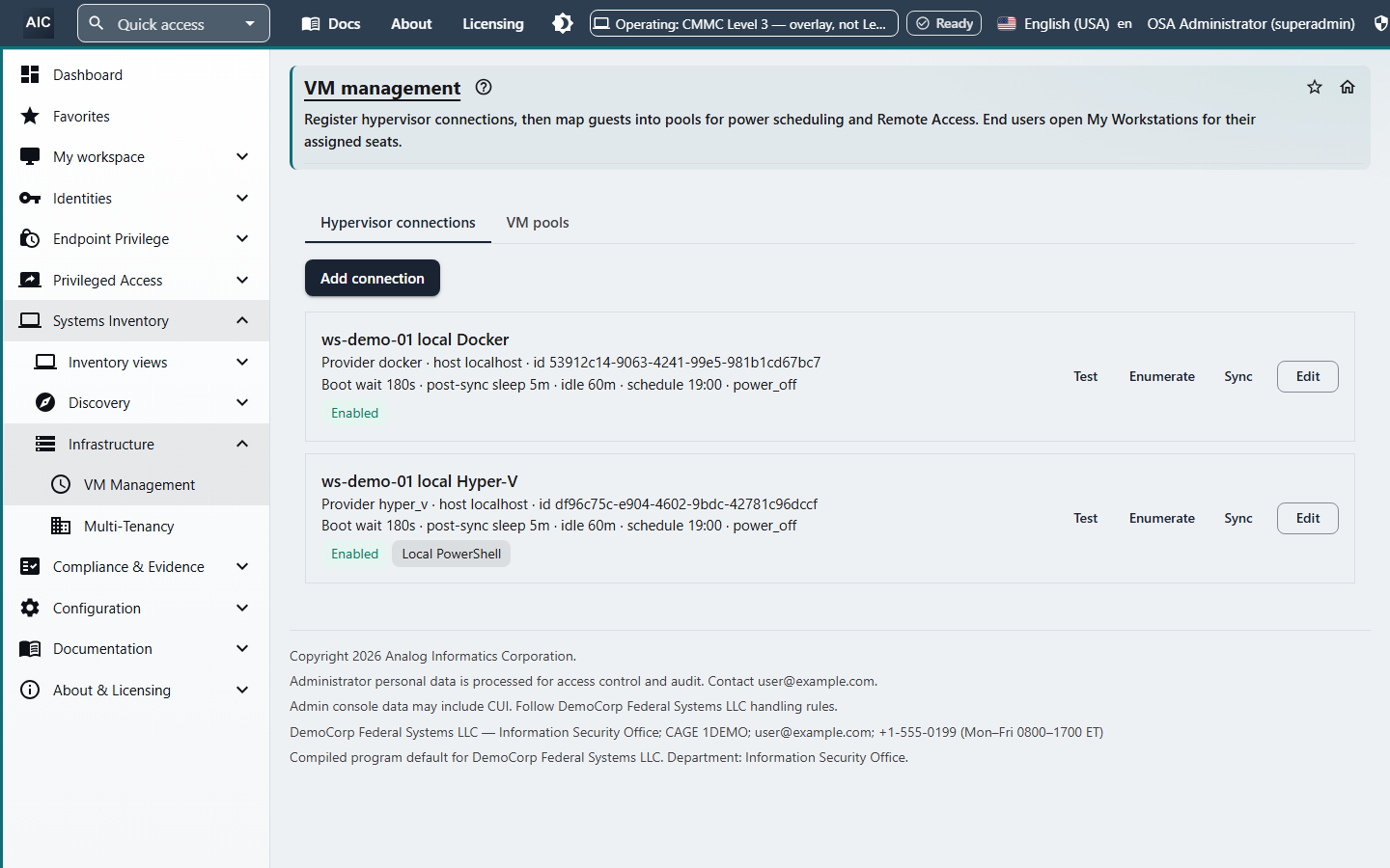 VM management Hypervisor connections for Docker and Hyper-V, each with boot wait, post-sync sleep, a 60-minute idle timeout, a daily 19:00 schedule, and power off as the sleep action.