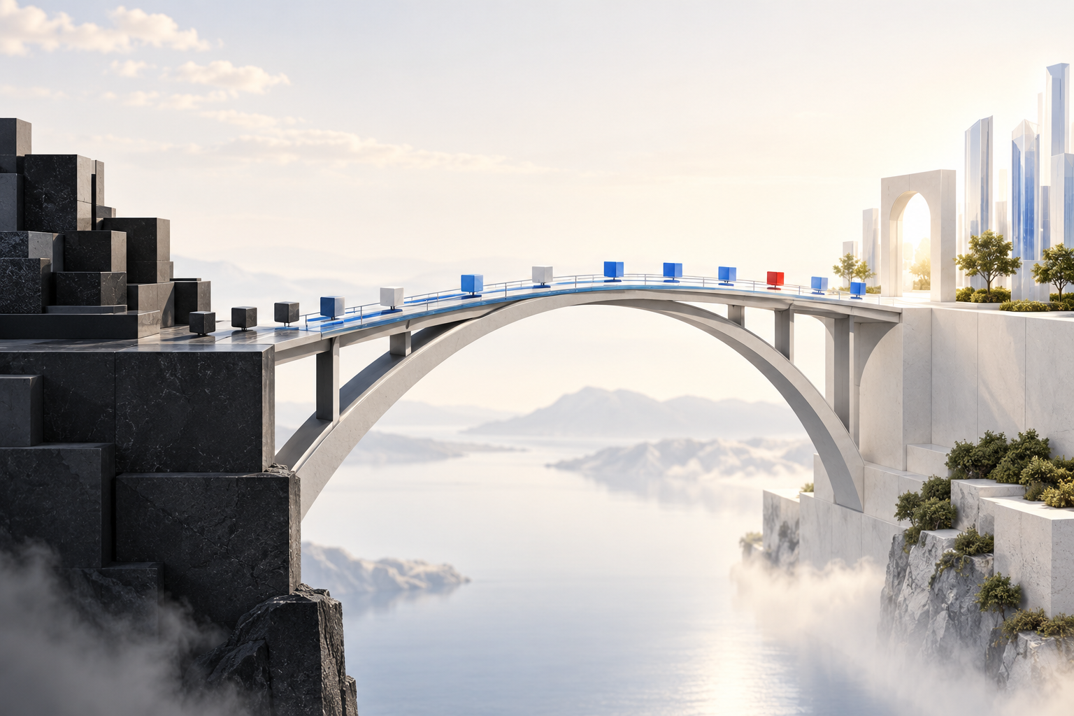 A solid bridge carries data blocks from an older structure to an open, supported destination.