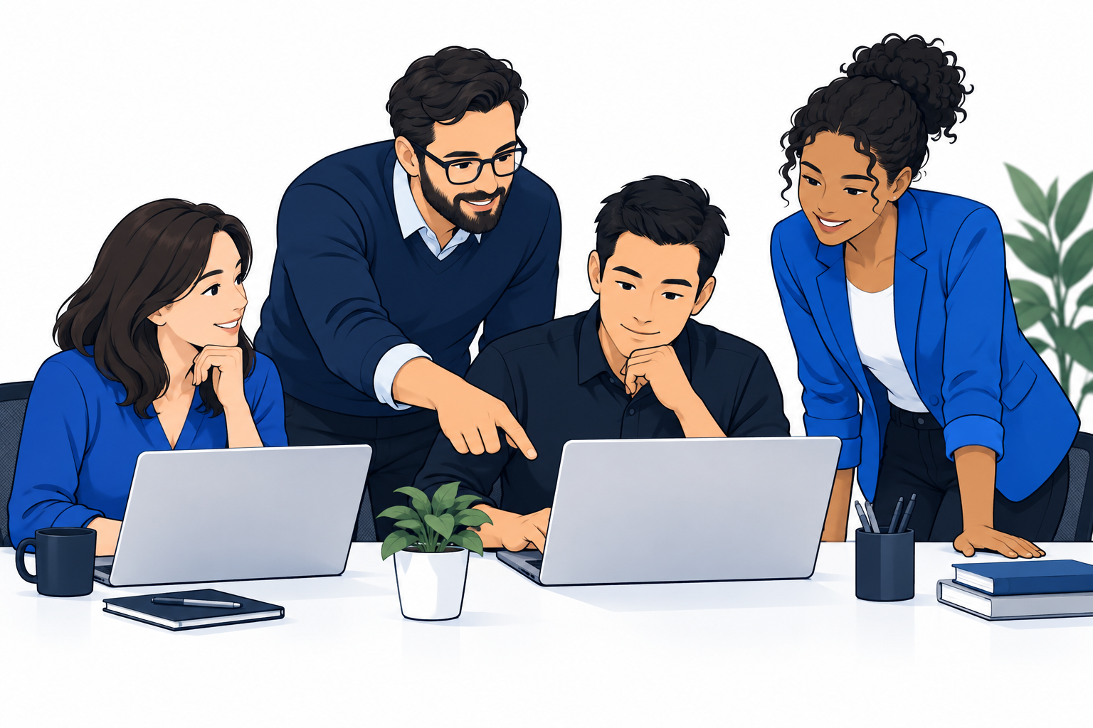 Cartoon of colleagues collaborating at laptops and helping one another solve a technical problem.