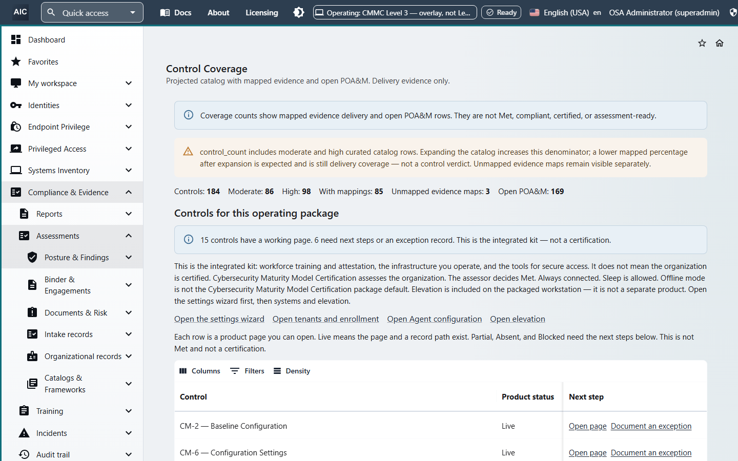 Control Coverage page showing counts of controls with mapped evidence, unmapped controls, and open plan-of-action items for the operating package.