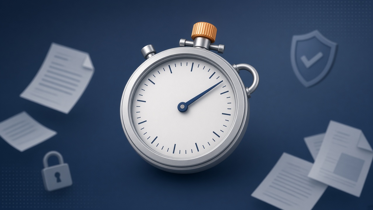 A large silver stopwatch with its crown pressed and the second hand stopped partway around the dial, against a navy background with blurred paperwork, a padlock, and a shield floating behind it.