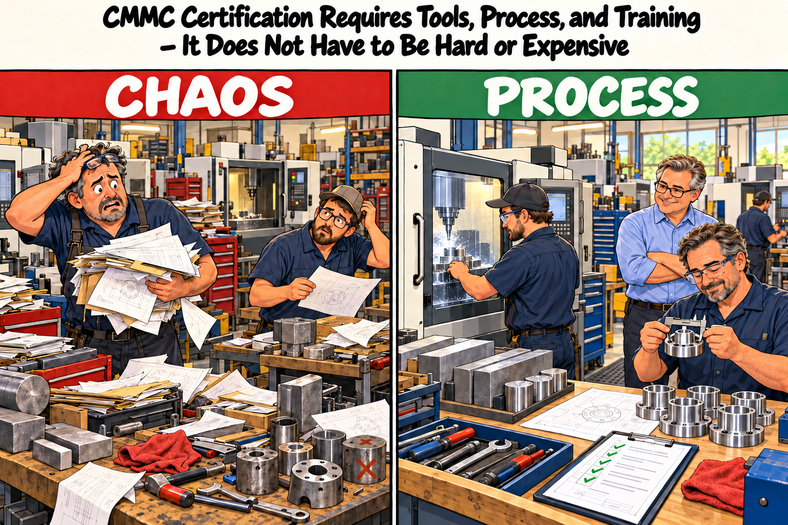 Two machine shops contrast chaos with process. Confused workers search through scattered drawings and mismatched parts on the left. On the right, trained workers use an approved drawing, guarded machinery, organized tools, a caliper, and inspection records to produce matching parts. The headline reads CMMC Certification Requires Tools, Process, and Training - It Does Not Have to Be Hard or Expensive.
