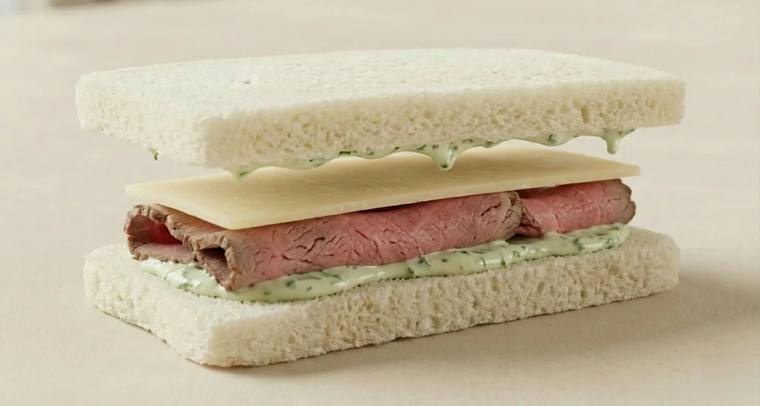 Roast Beef finger sandwich with arugula cream, kosher meat sourcing