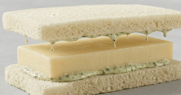 Comté finger sandwich with arugula cream on Japanese milk bread