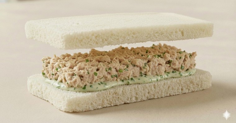 Childhood Tuna finger sandwich with red onion and chives cream