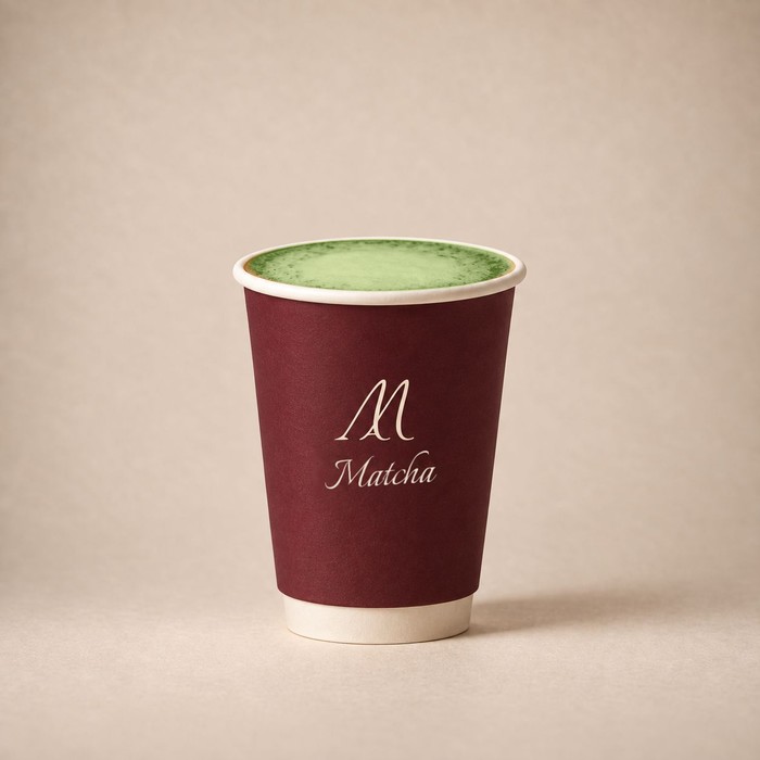 Hot matcha latte in a Maison Amie cup