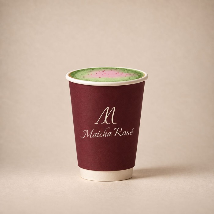 Hot Matcha Rosé with pistachio and raspberry in a Maison Amie cup