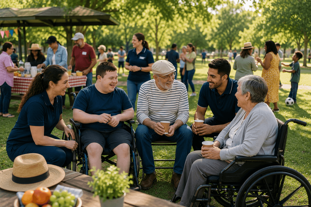 People chatting together at an outdoor community gathering