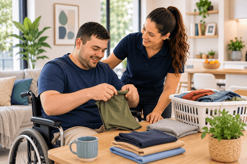 A man folding clothes at home with a support worker beside him