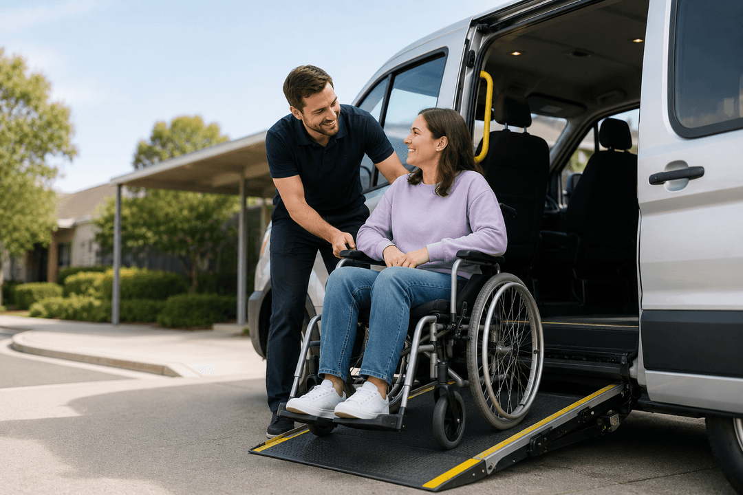 A wheelchair user receiving assistance beside an accessible vehicle ramp